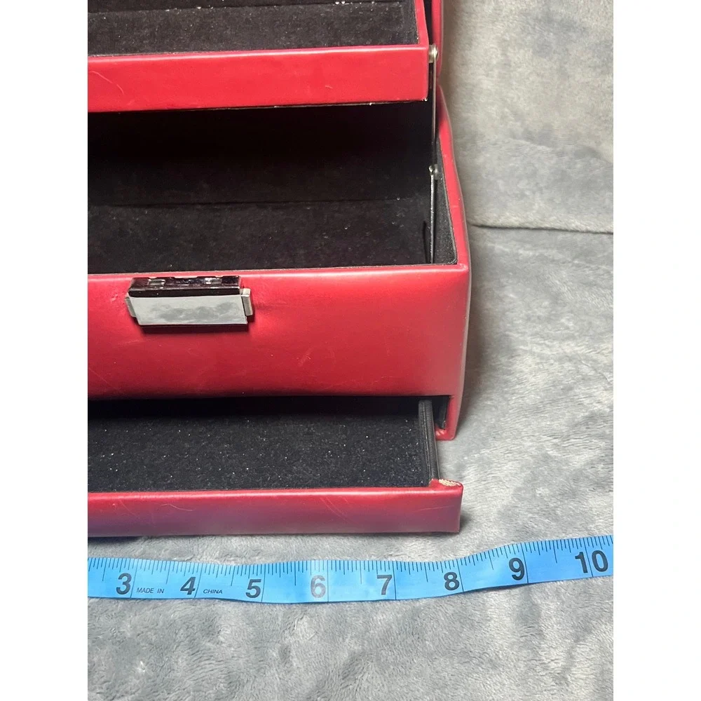 Vintage Red‎ Faux Leather Jewelry Box Case With Handle Tray Drawer 9 Inch